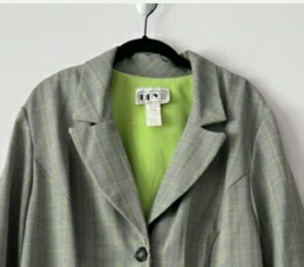 DBY II. Plaid Women's Gray Plaid Long Blazer Coat with Lime Green Lining